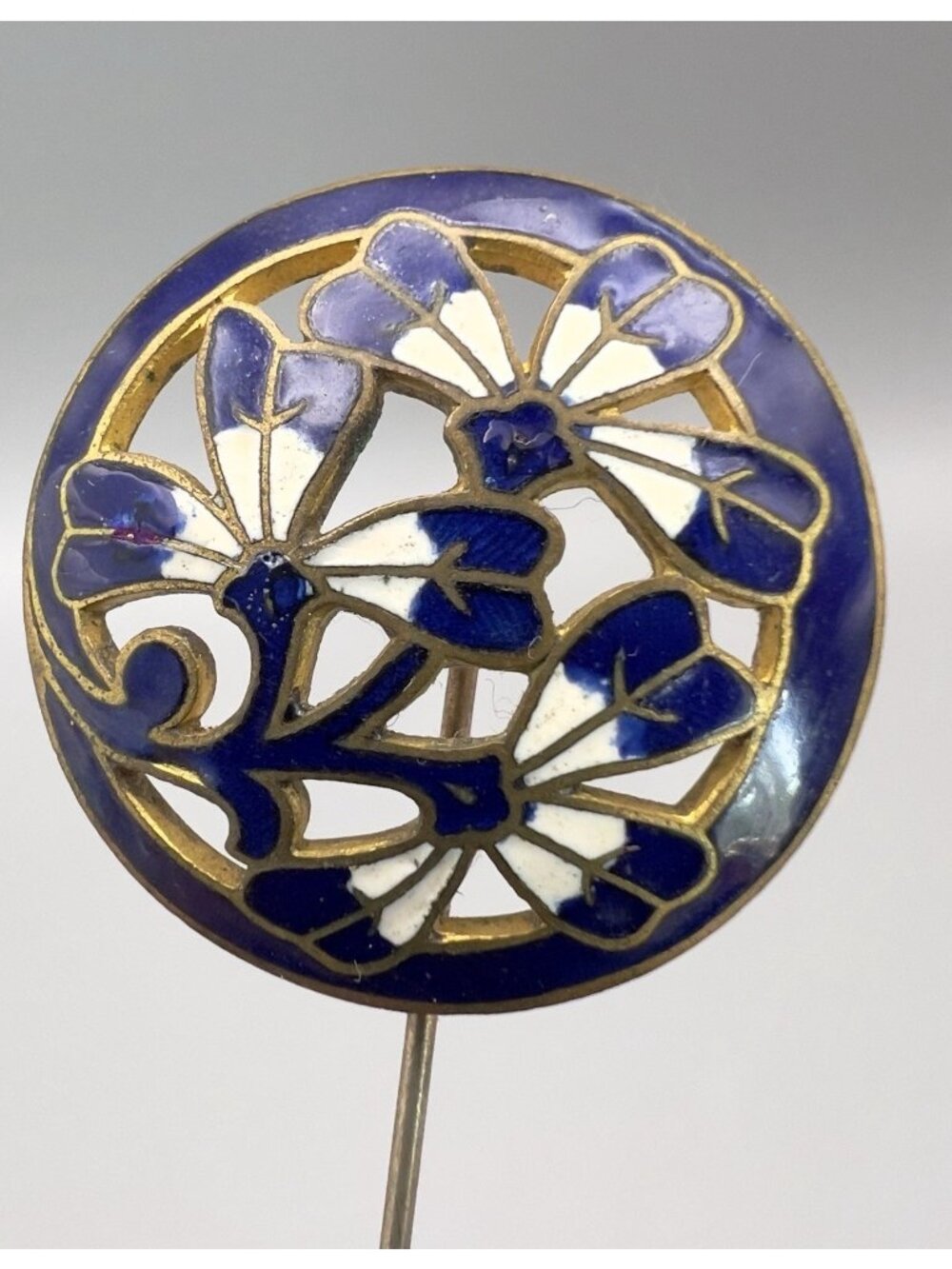 Antique Art Nouveau Enamel Pierced Metal Stick Pin